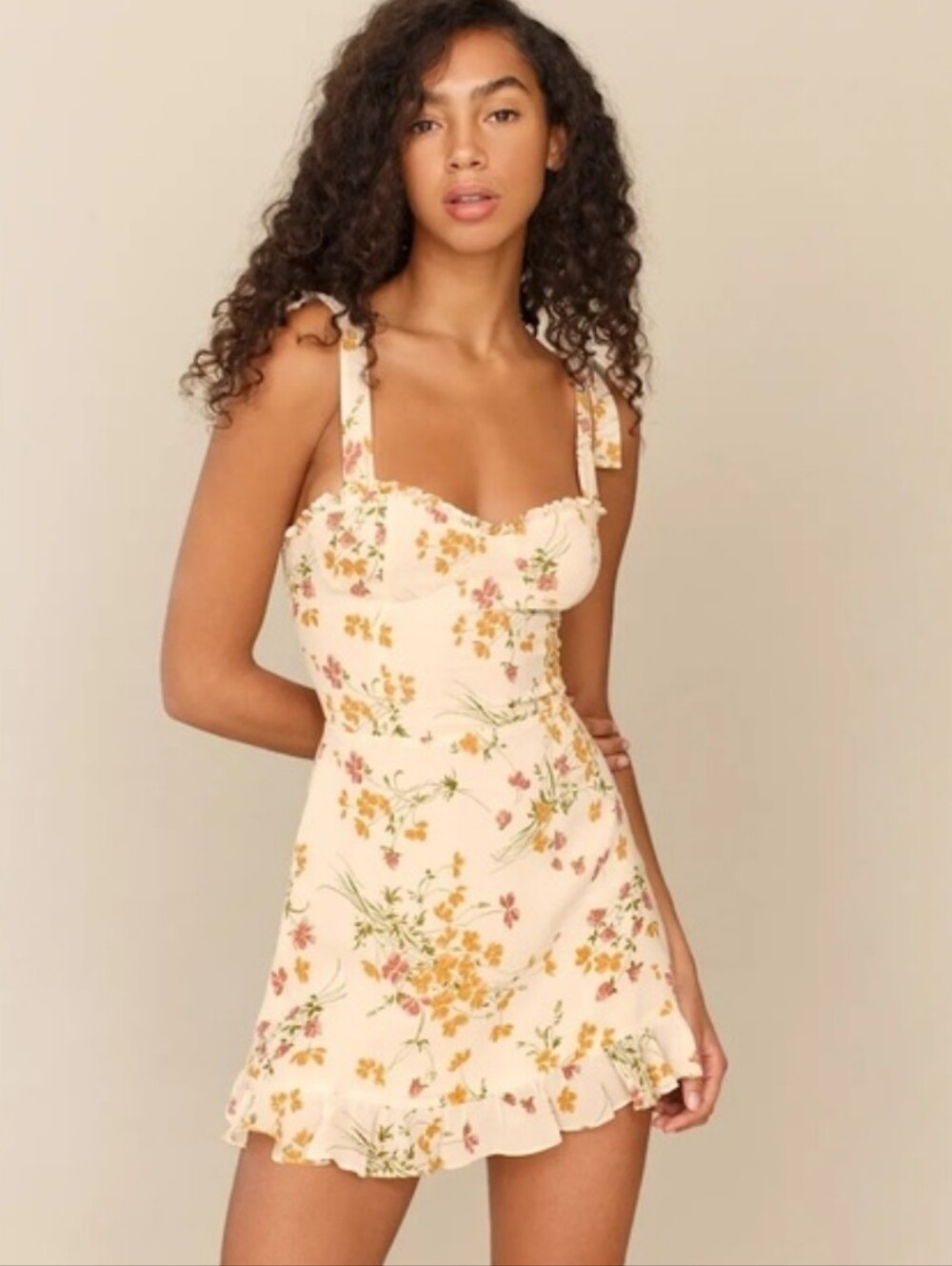 Reformation Cream Floral Mini Dress with Yellow & Pink Flowers